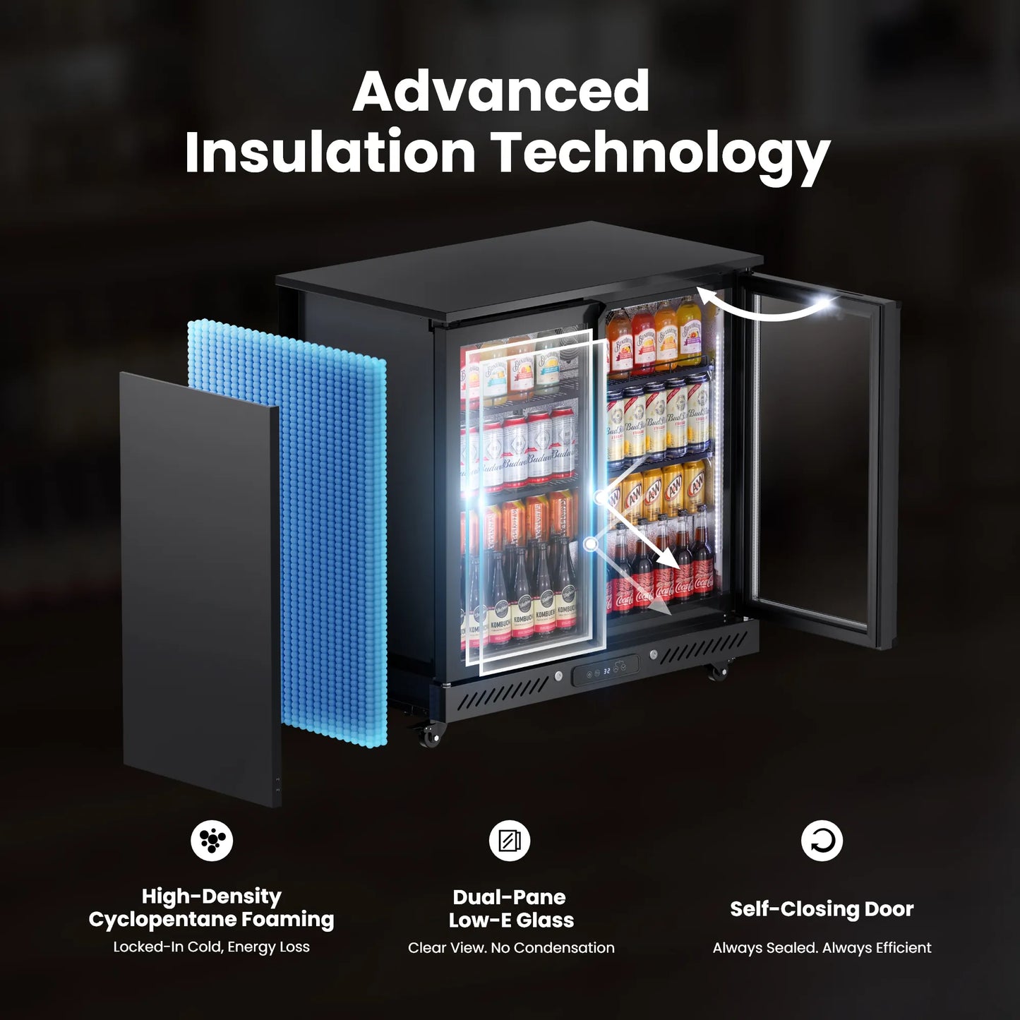Illustration highlighting insulated cabinet construction, glass doors, and energy-efficient cooling design
