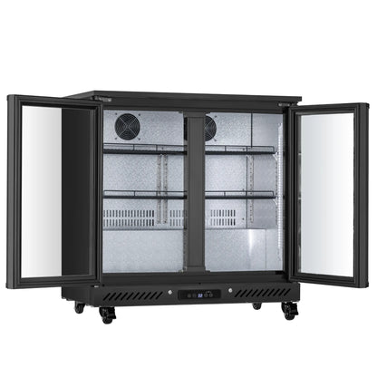 Three-door beverage cooler with doors open, highlighting shelf configuration and interior storage space
