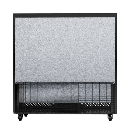 Rear view of a commercial beverage refrigerator showing ventilation components and external construction