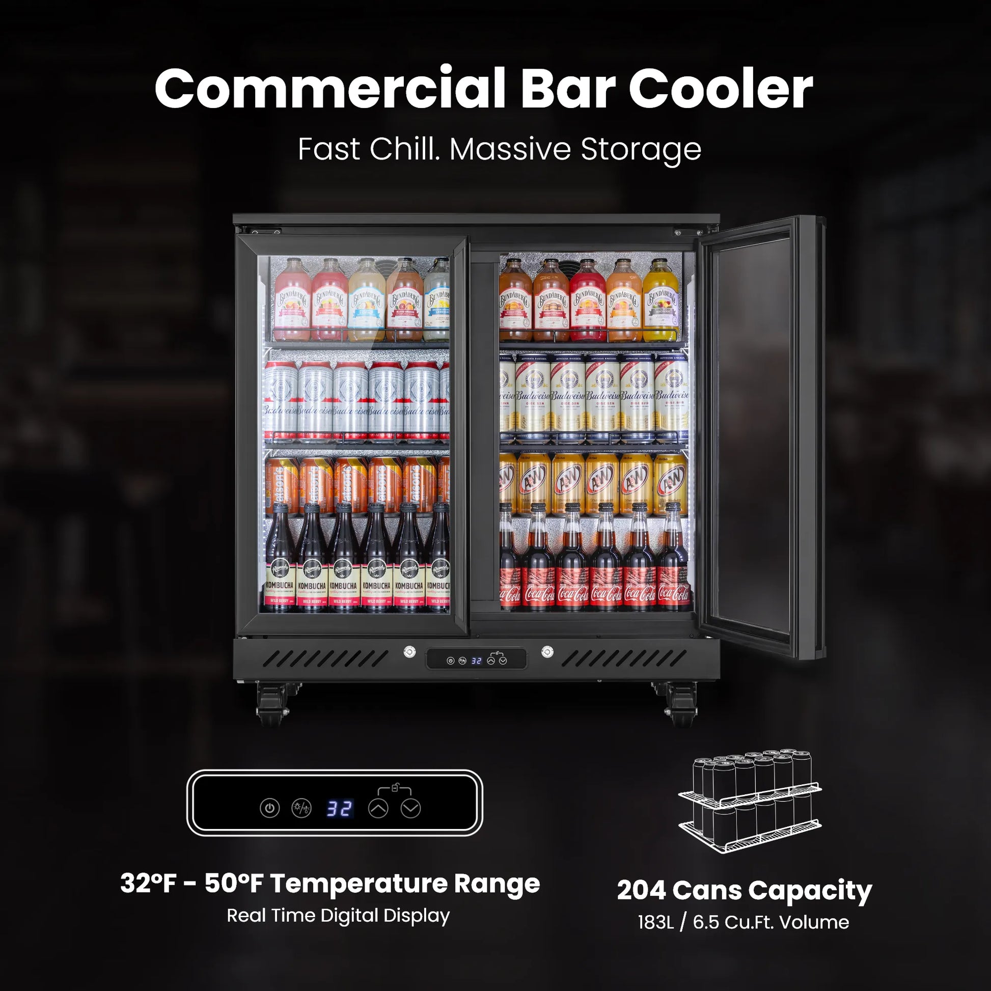 Commercial beverage cooler featuring large storage capacity and adjustable temperature settings