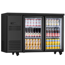 Angled view of a commercial beverage refrigerator displaying organized drink storage with interior LED lighting