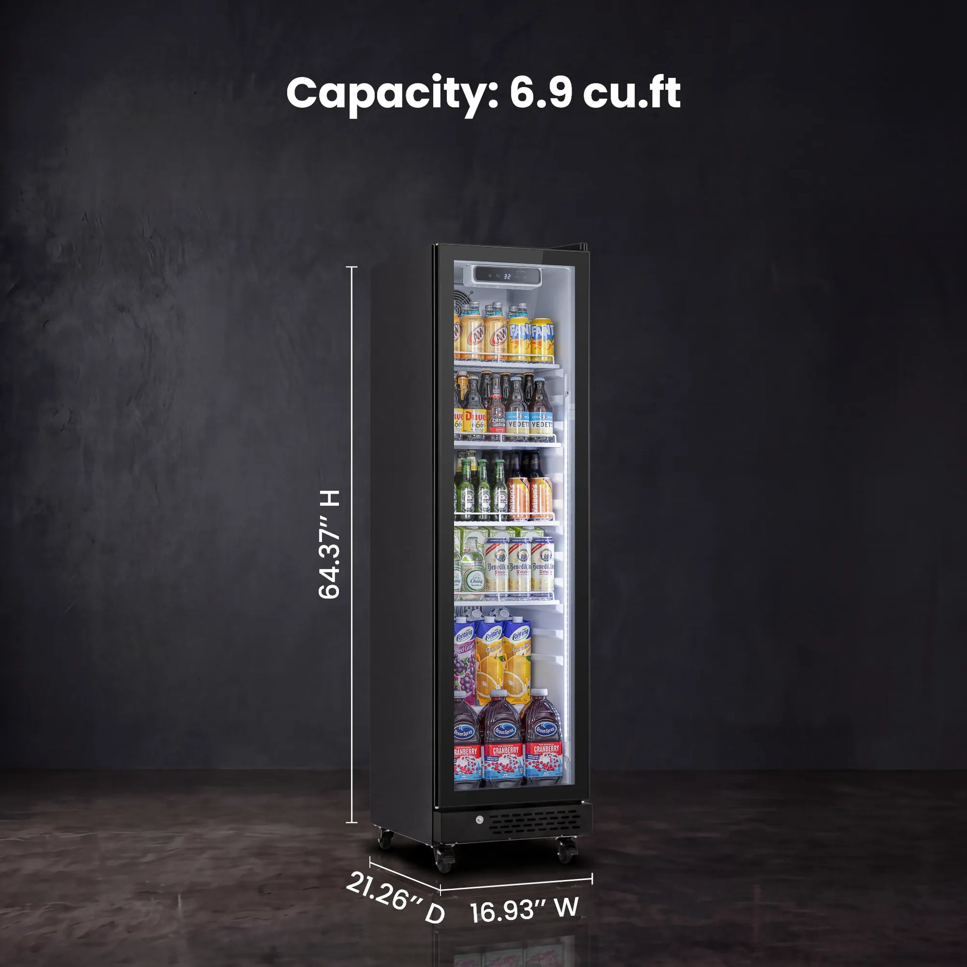Dimensions and storage capacity overview of a 64.37 cubic foot commercial cooler