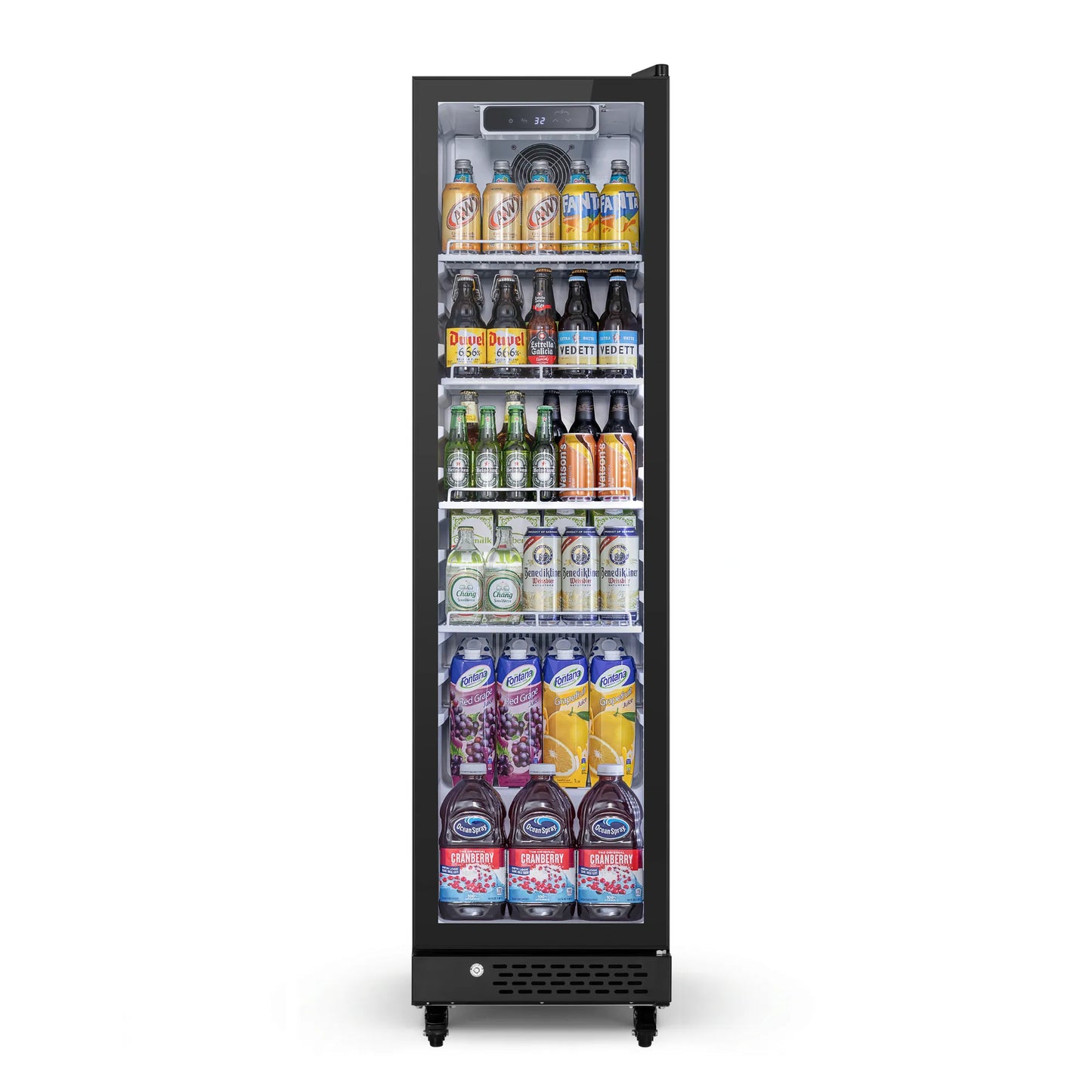 Front view of a triple glass-door commercial refrigerator stocked with beverages and packaged drinks