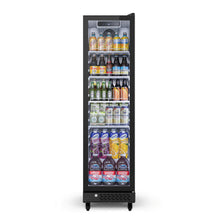 Front view of a triple glass-door commercial refrigerator stocked with beverages and packaged drinks