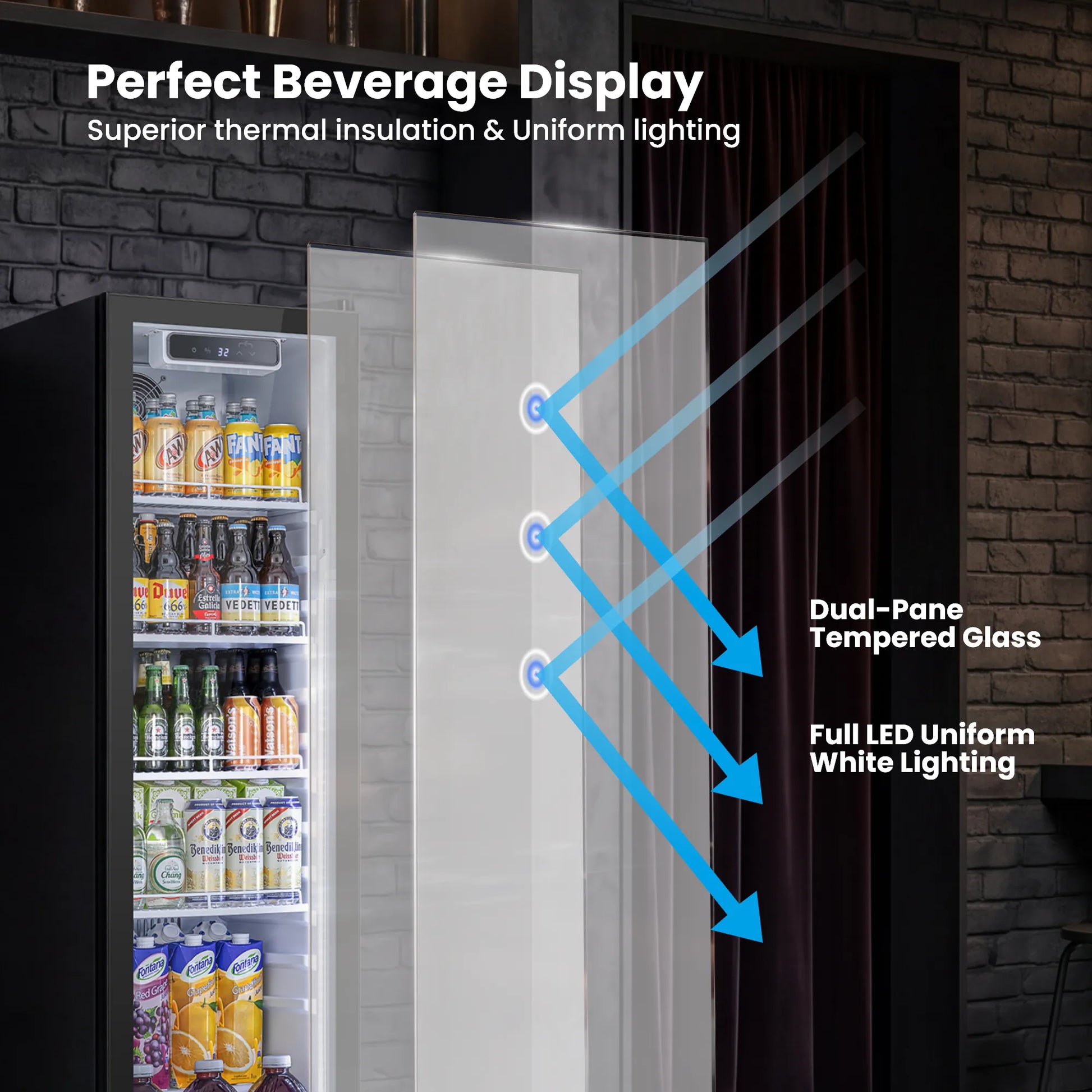 Dual-pane tempered glass door designed for improved insulation and product visibility