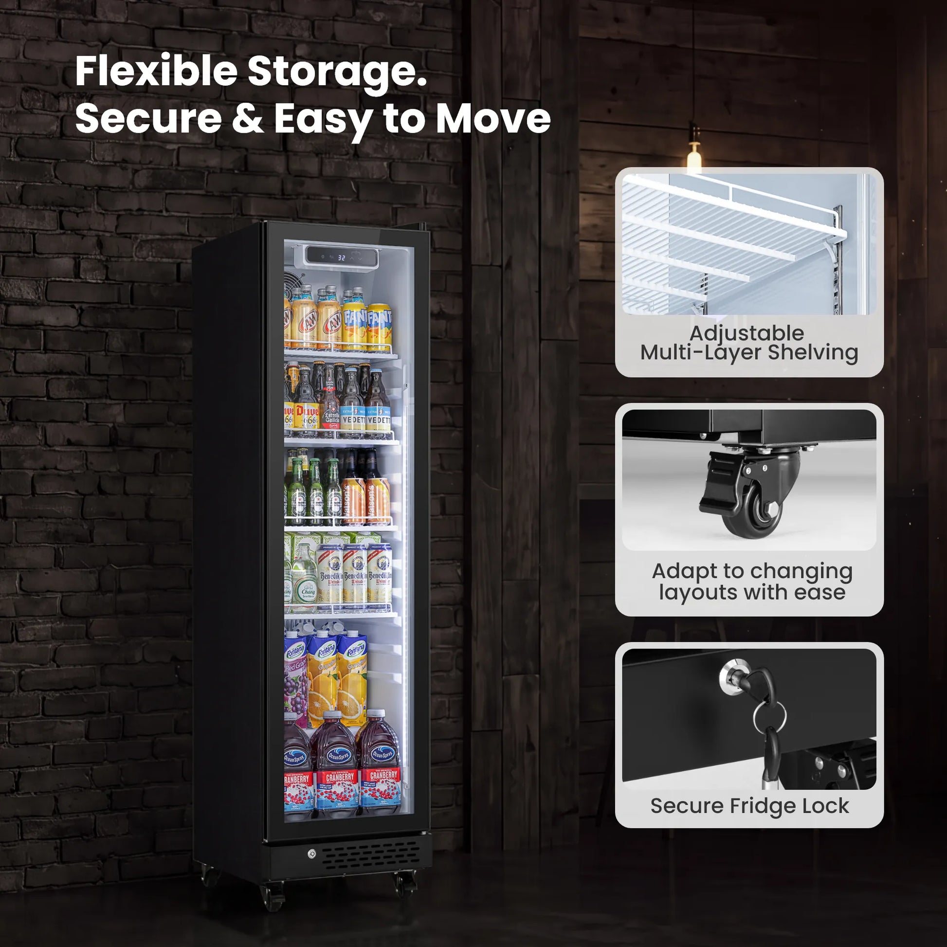 Adjustable shelving, locking mechanism, and caster wheels for flexible commercial use