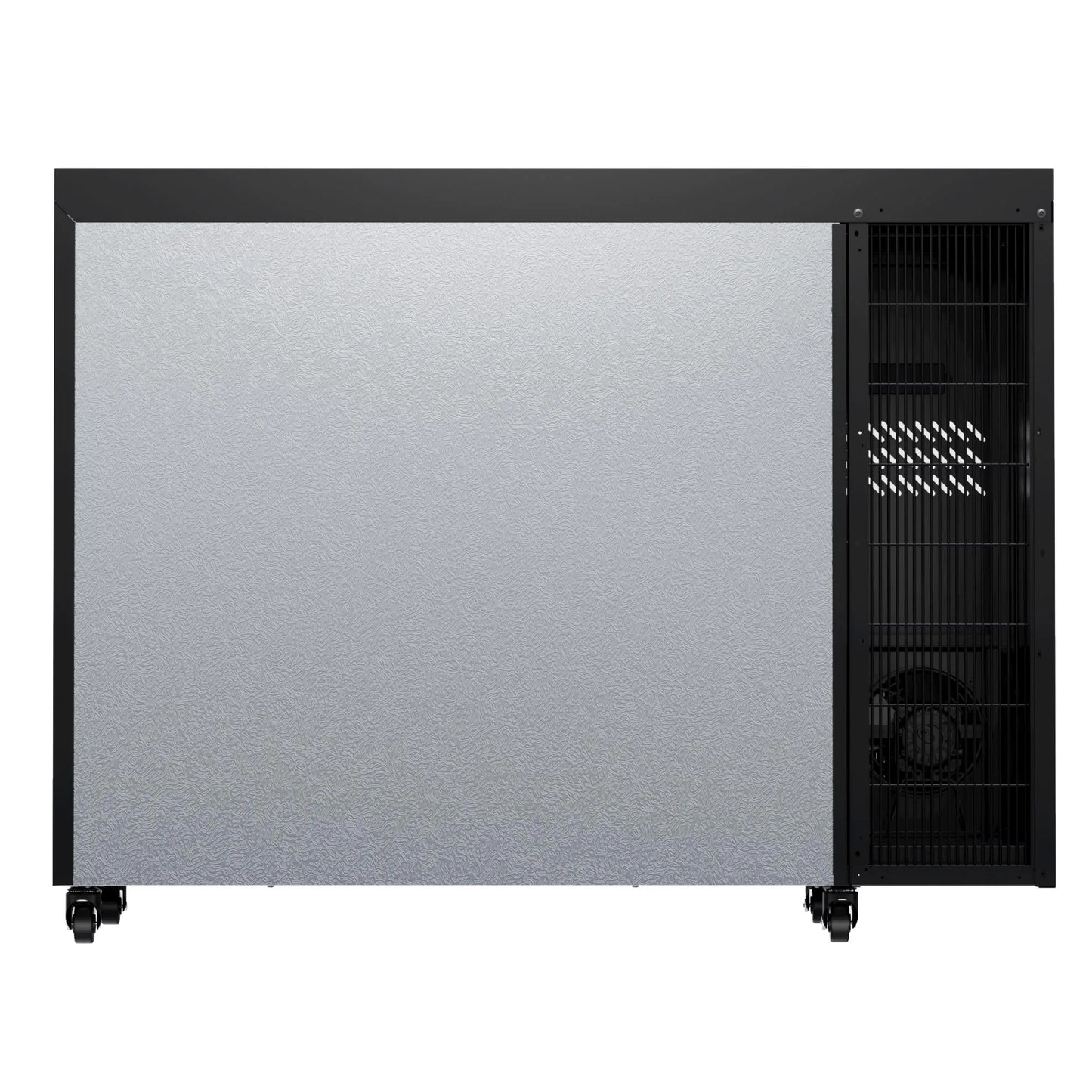 Rear view of a commercial beverage refrigerator showing the cooling system area and ventilation design