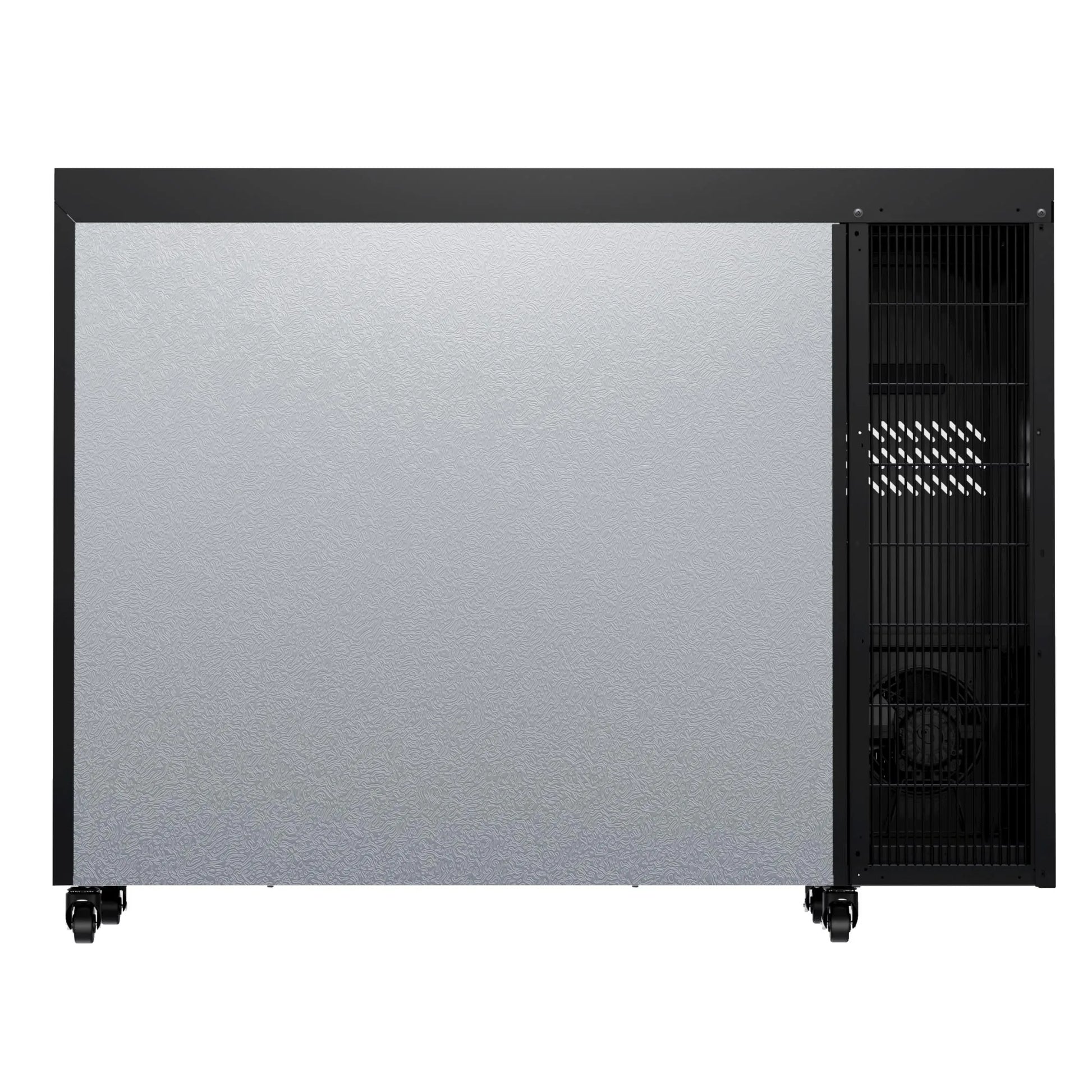 Rear view of a commercial beverage refrigerator showing the cooling system area and ventilation design