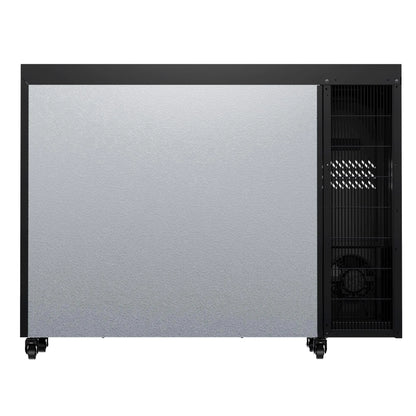 Rear view of a commercial beverage refrigerator showing the cooling system area and ventilation design