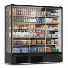Angled view of a stocked commercial refrigerator with glass doors and open display shelves.
