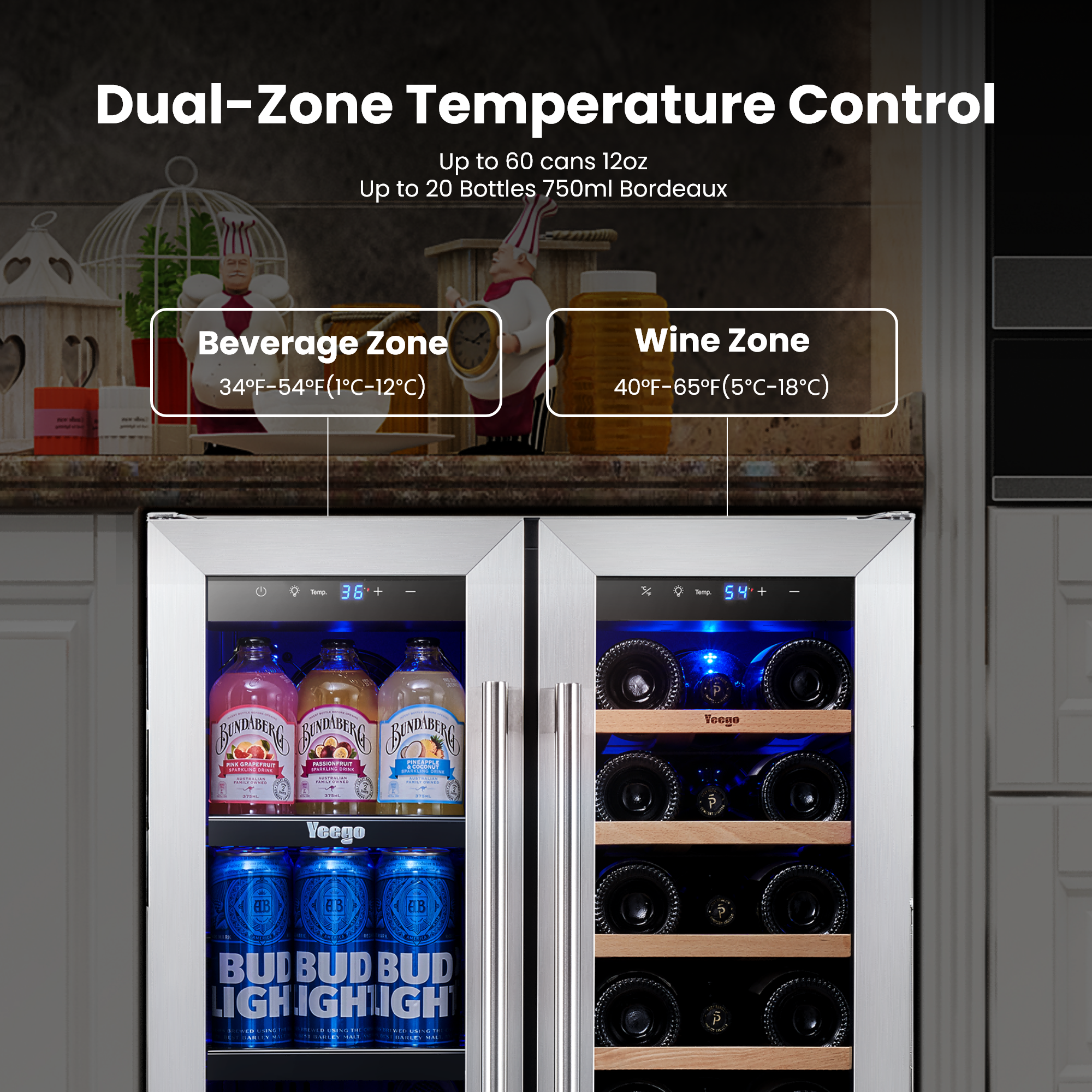 24 Inch Wide Wine and Beverage Dual Zone Fridge, Under Counter, Built-In or Freestanding