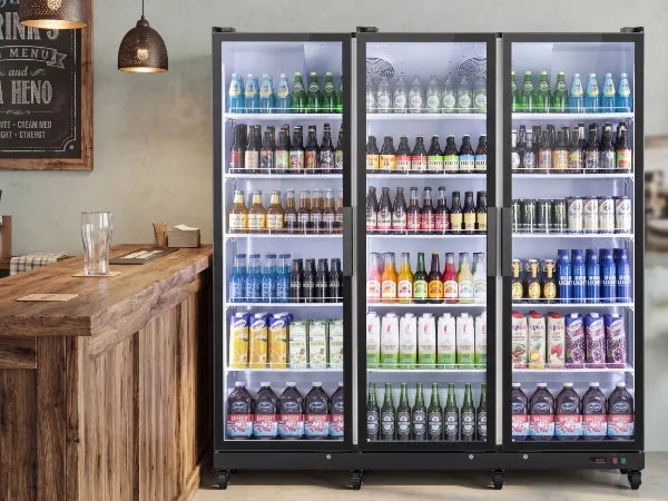 Large-capacity display refrigerator providing beverage access in a restaurant environment