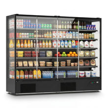 Angled view of a stocked commercial refrigerator with glass doors and open display shelves.