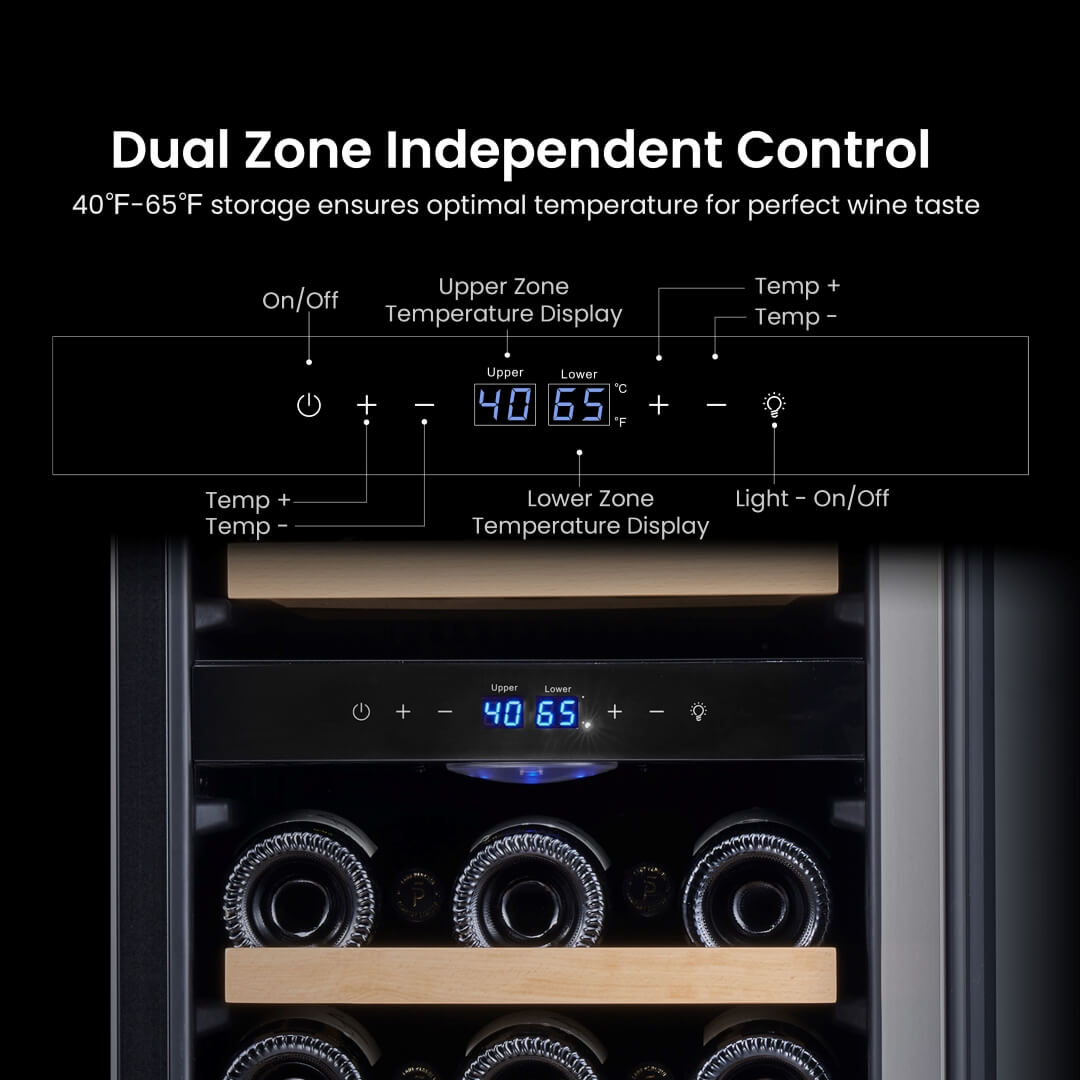 15 Inch Wide 28 Bottles Dual Zone Narrow Small Wine Fridge, Under Counter, Built-In or Freestanding