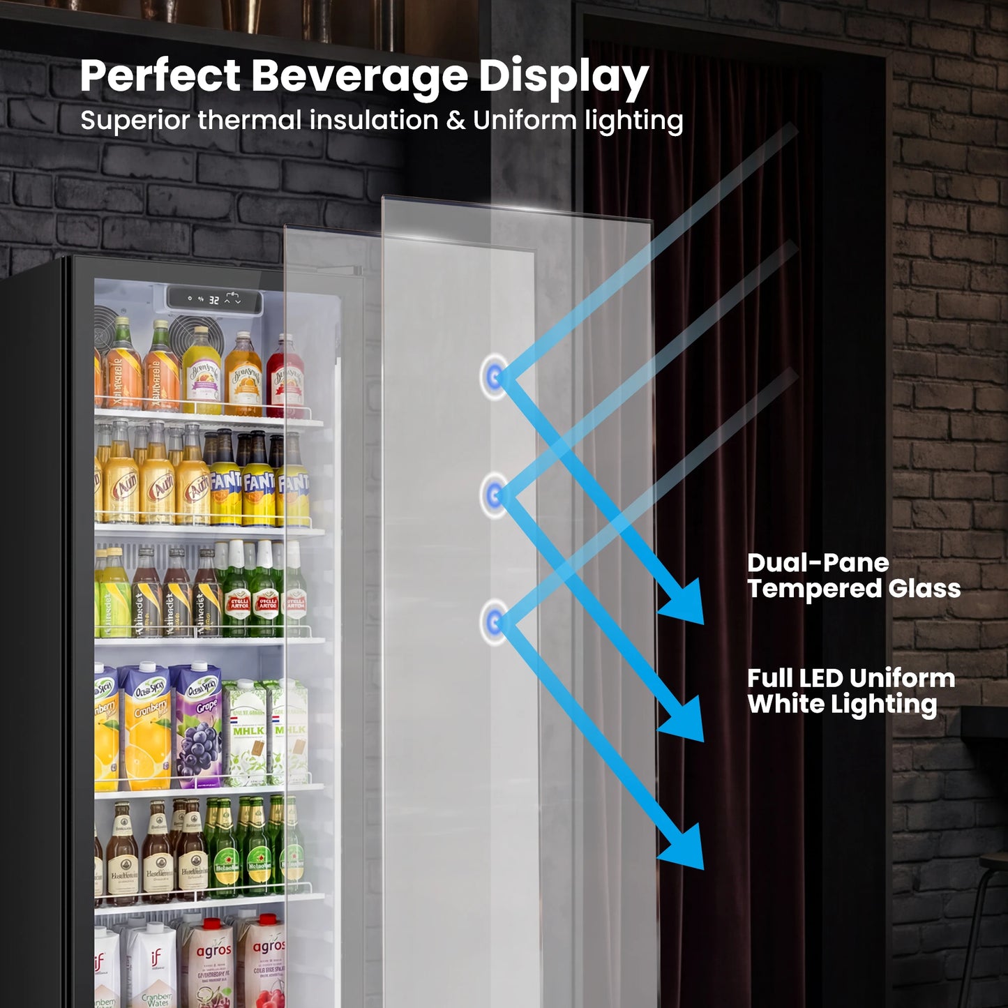 Dual-pane tempered glass door designed to improve insulation and product visibility