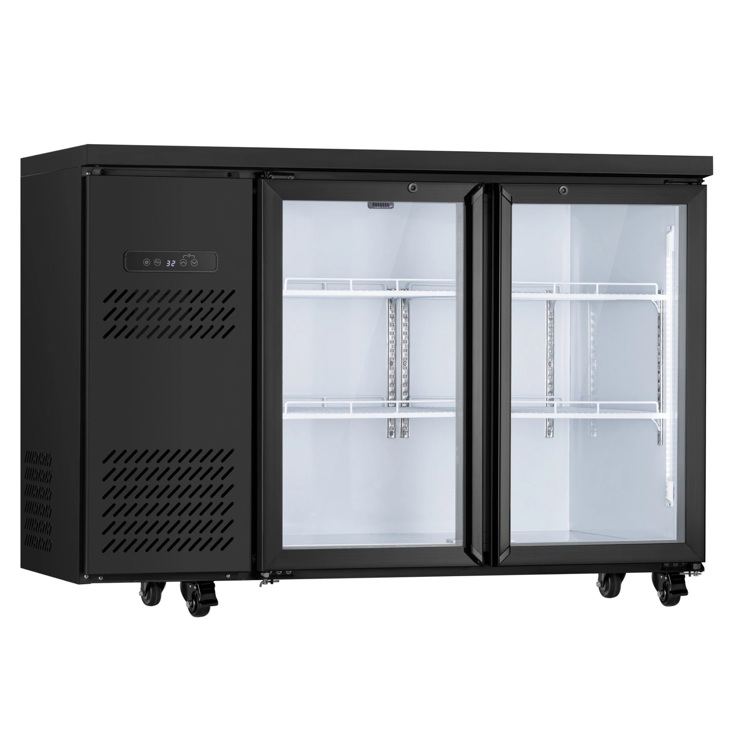 Empty commercial drink cooler with adjustable shelves and illuminated interior storage compartments