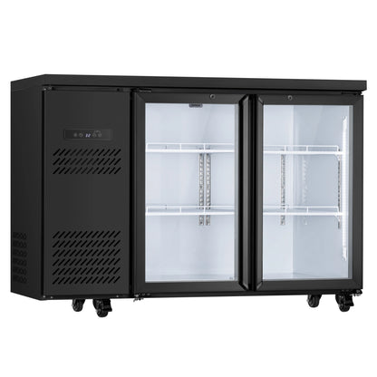 Empty commercial drink cooler with adjustable shelves and illuminated interior storage compartments