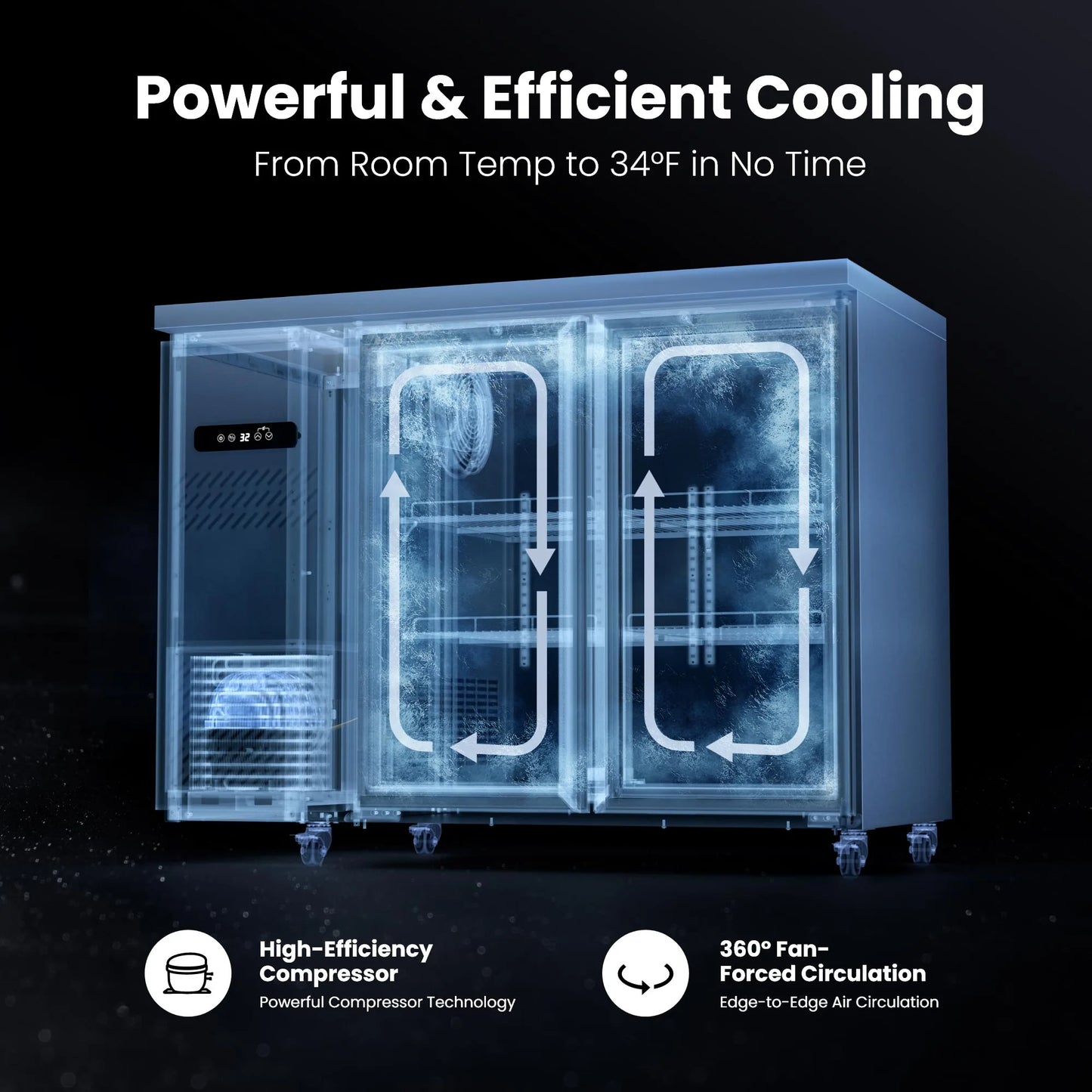 Diagram showing compressor cooling and forced-air circulation for consistent beverage refrigeration