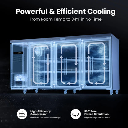 Diagram showing compressor cooling and forced-air circulation for consistent beverage refrigeration