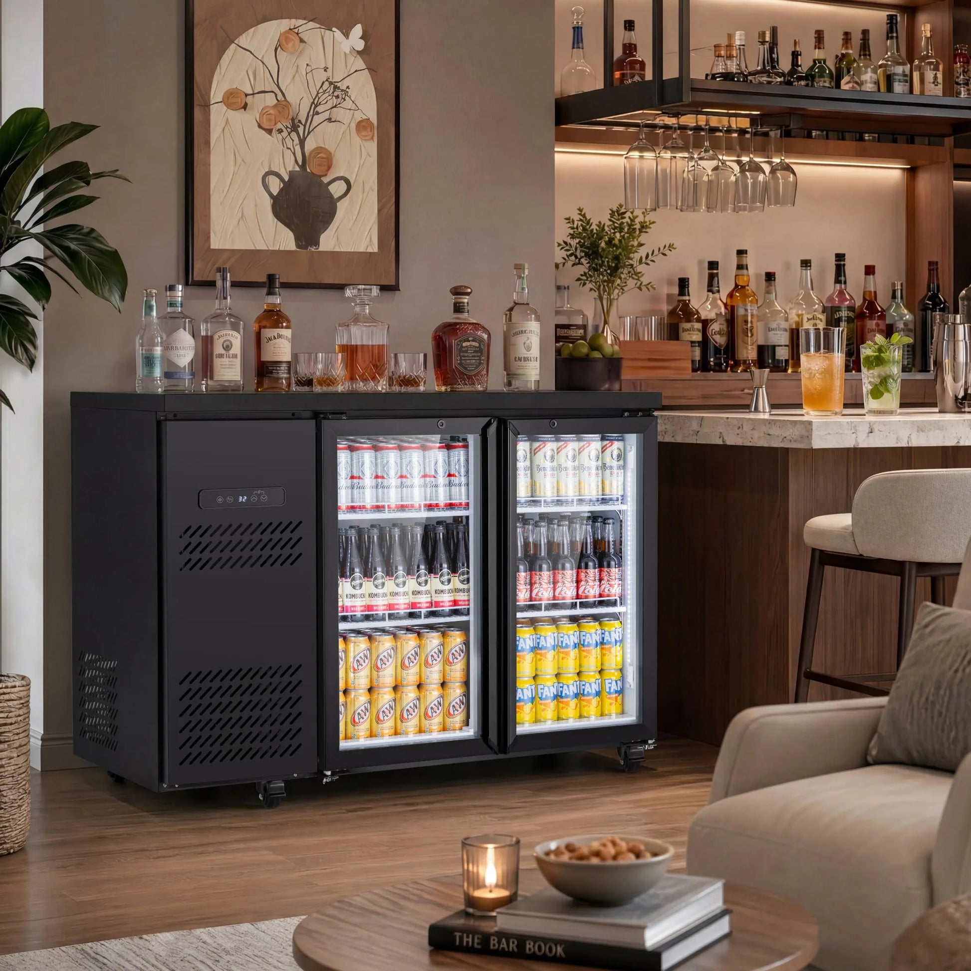 Beverage cooler in a home entertainment space providing organized drink storage for guests