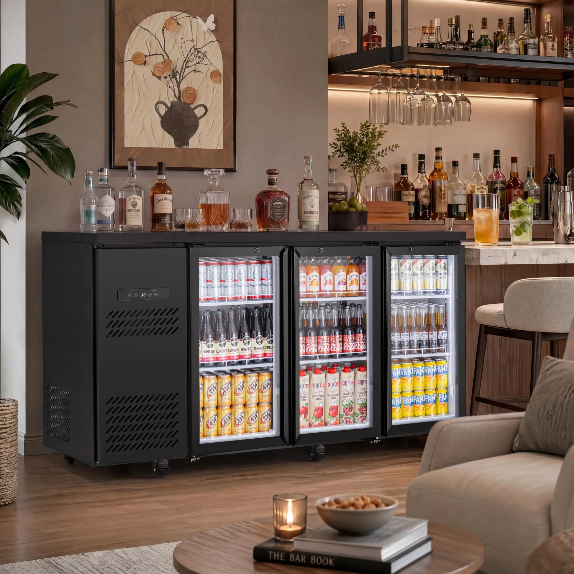 Beverage cooler in a home entertainment space providing organized drink storage for guests
