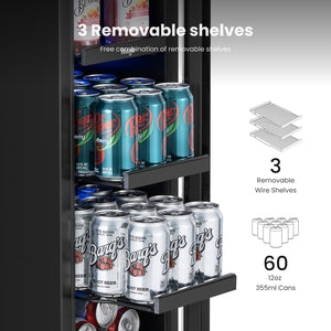 Yeego 12 Inch Beverage Refrigerator - 60 Cans Compact Beverage Cooler with Glass Door, Under Counter Drink Fridge Built-In or Freestanding
