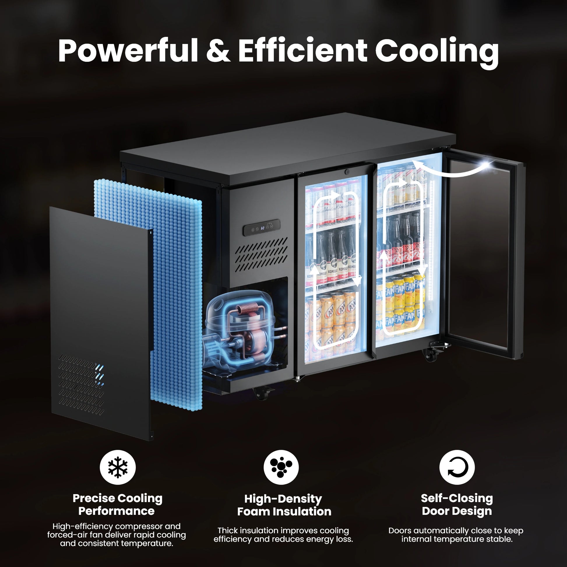 Illustration highlighting insulation, cooling components, and glass door construction for efficient temperature retention