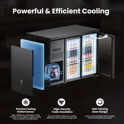 Illustration highlighting insulation, cooling components, and glass door construction for efficient temperature retention