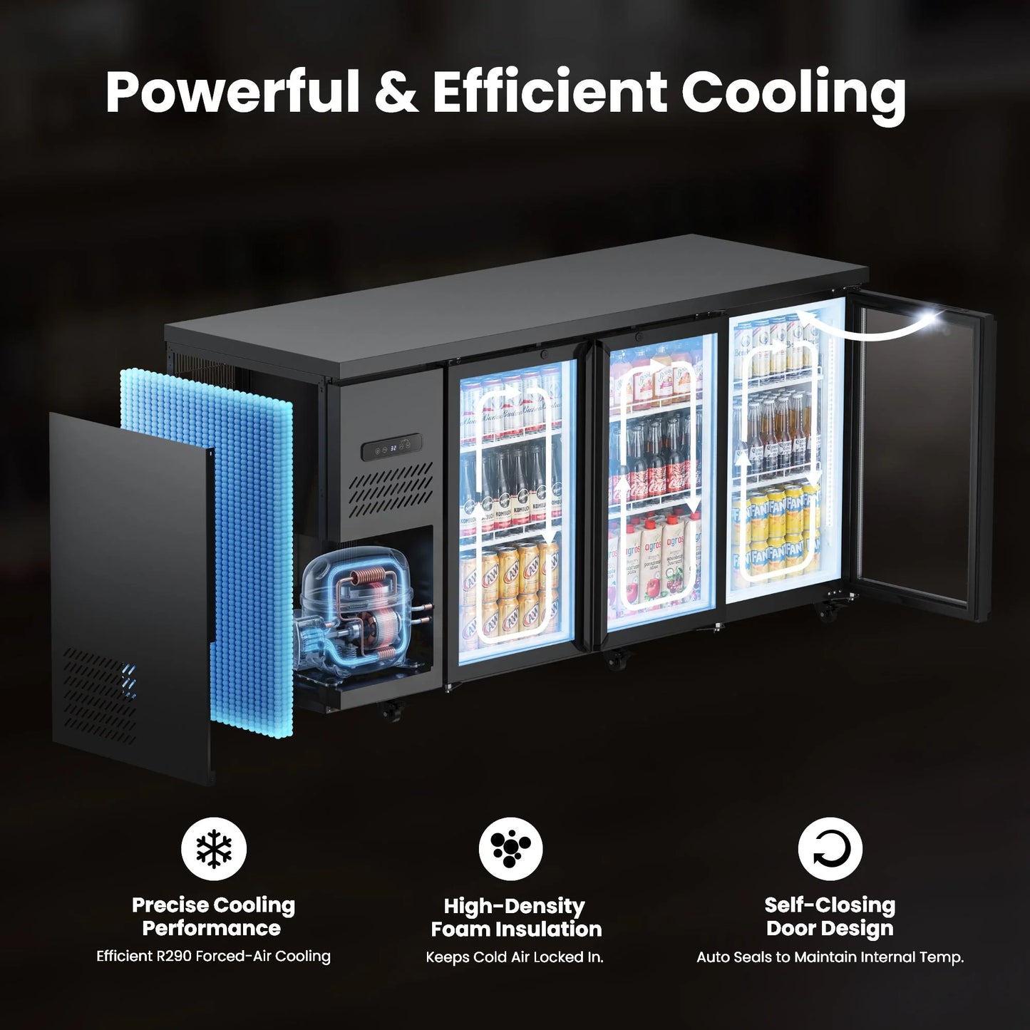 Illustration highlighting insulation, cooling components, and glass door construction for efficient temperature retention