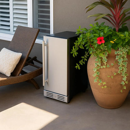 Small beverage cooler suitable for outdoor use, showing durable design for patios and outdoor setups