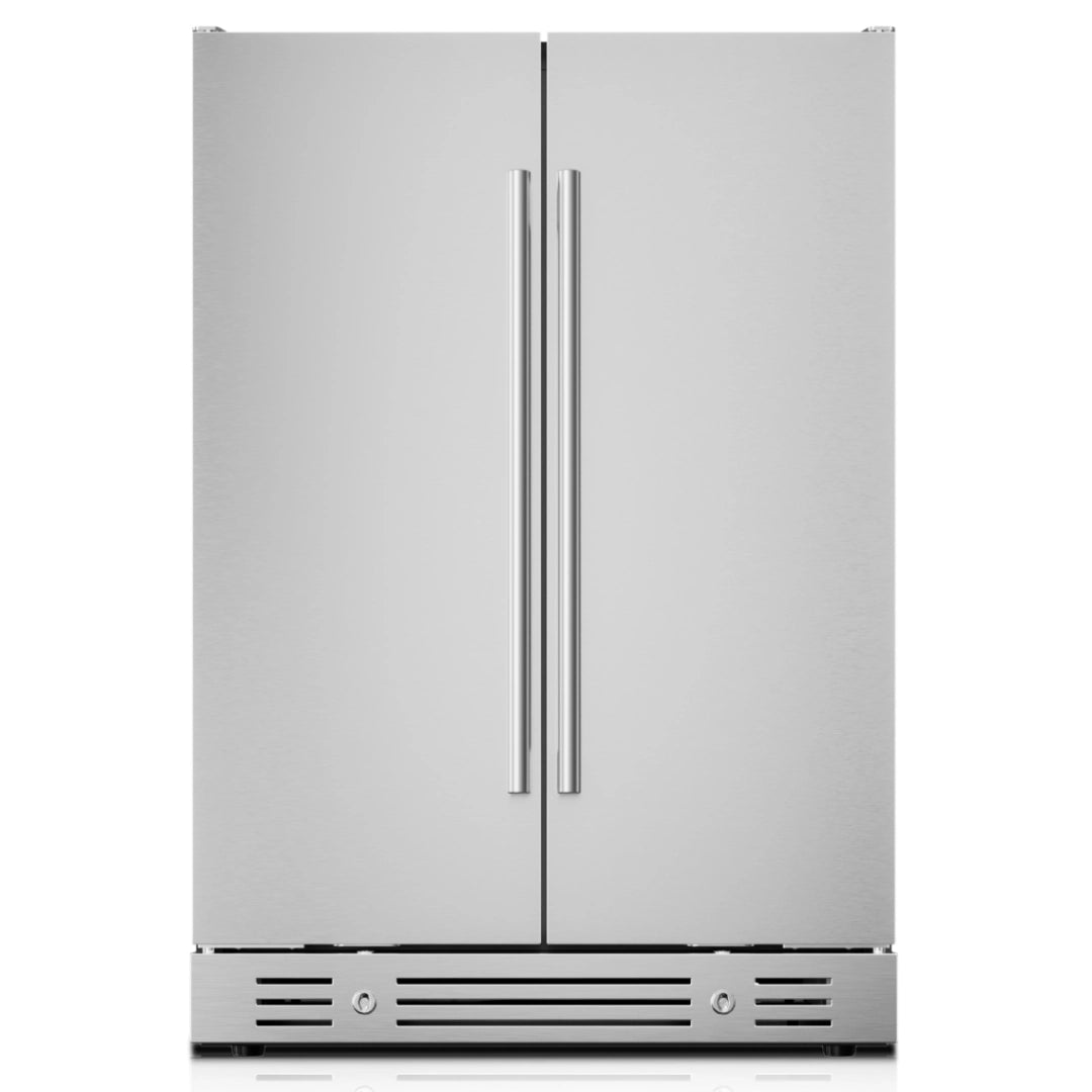 Yeego outdoor wine and beverage fridge front view showing stainless steel design and built-in style