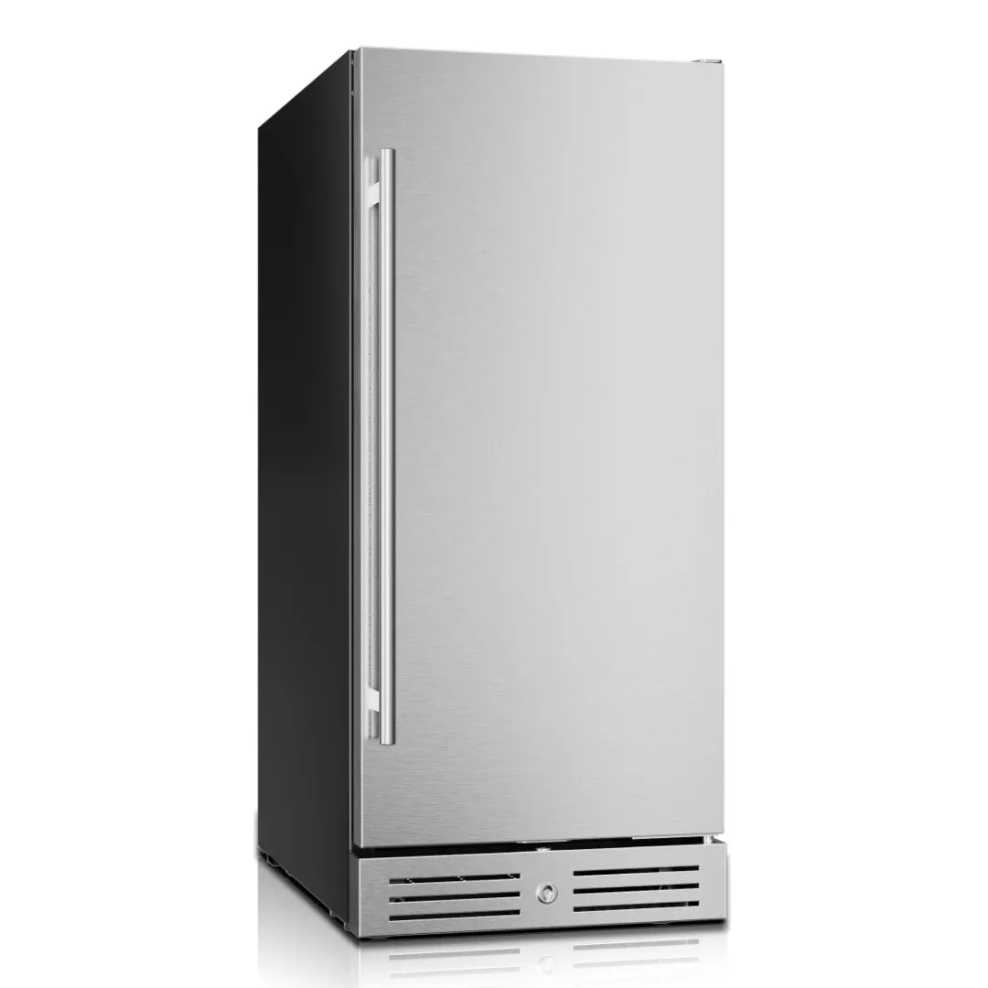 Yeego Small beverage cooler right angle view featuring a stainless steel door and compact overall design