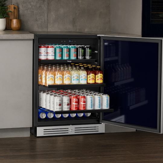 Interior of the Yeego outdoor fridge holding 160 cans