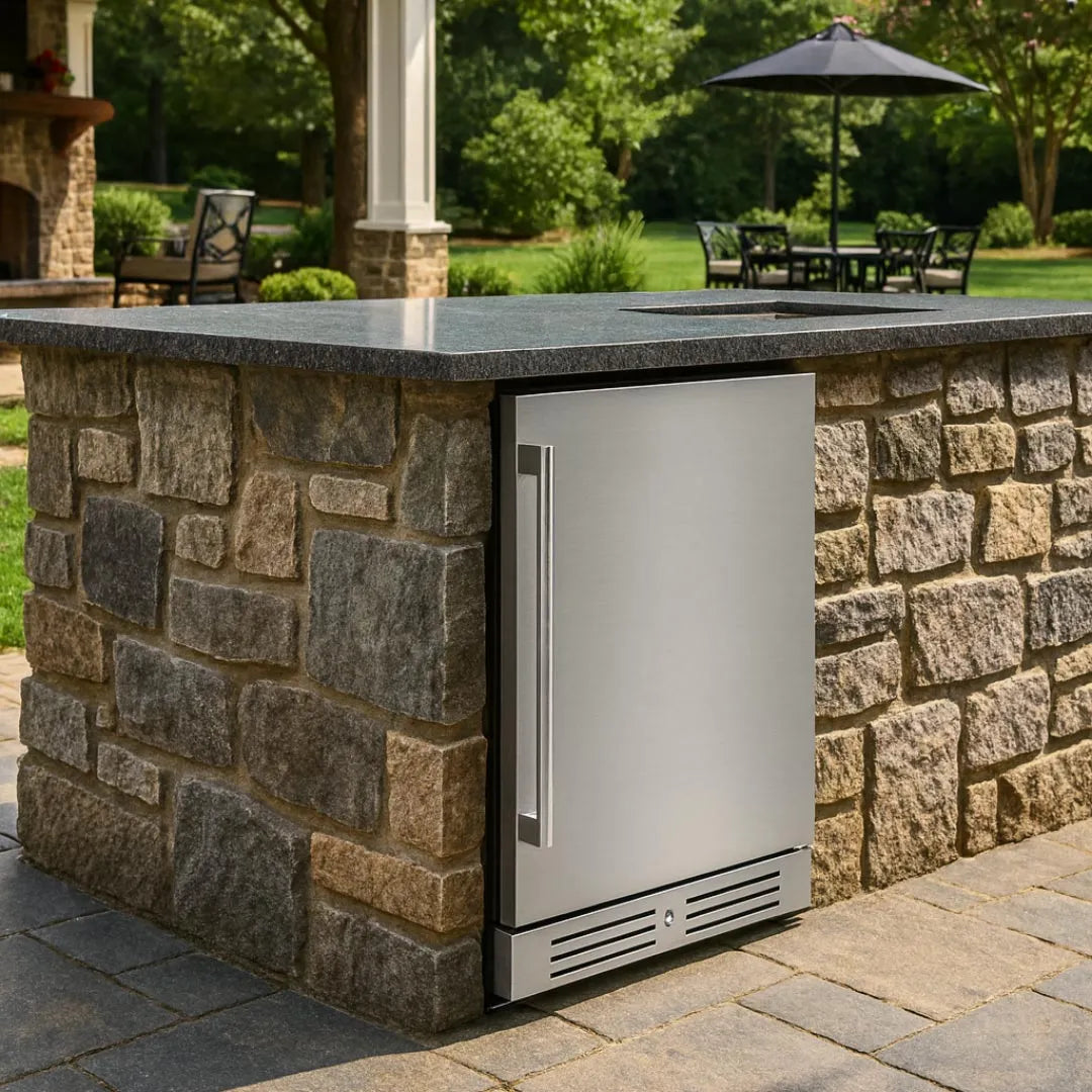 Yeego outdoor beverage fridge freestanding on a patio