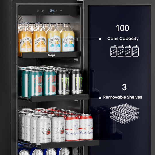 Small beverage cooler with a 100-can capacity, providing large storage space for drinks