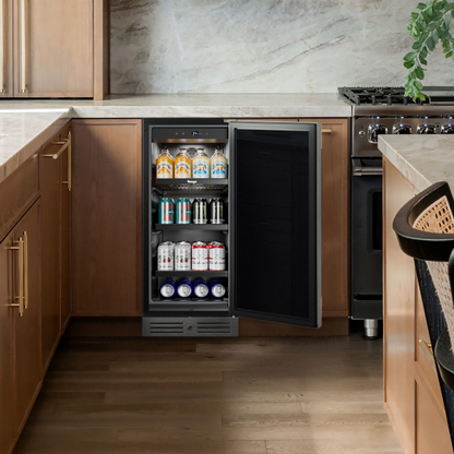 Small beverage cooler installed in a kitchen setting, blending seamlessly with modern cabinetry