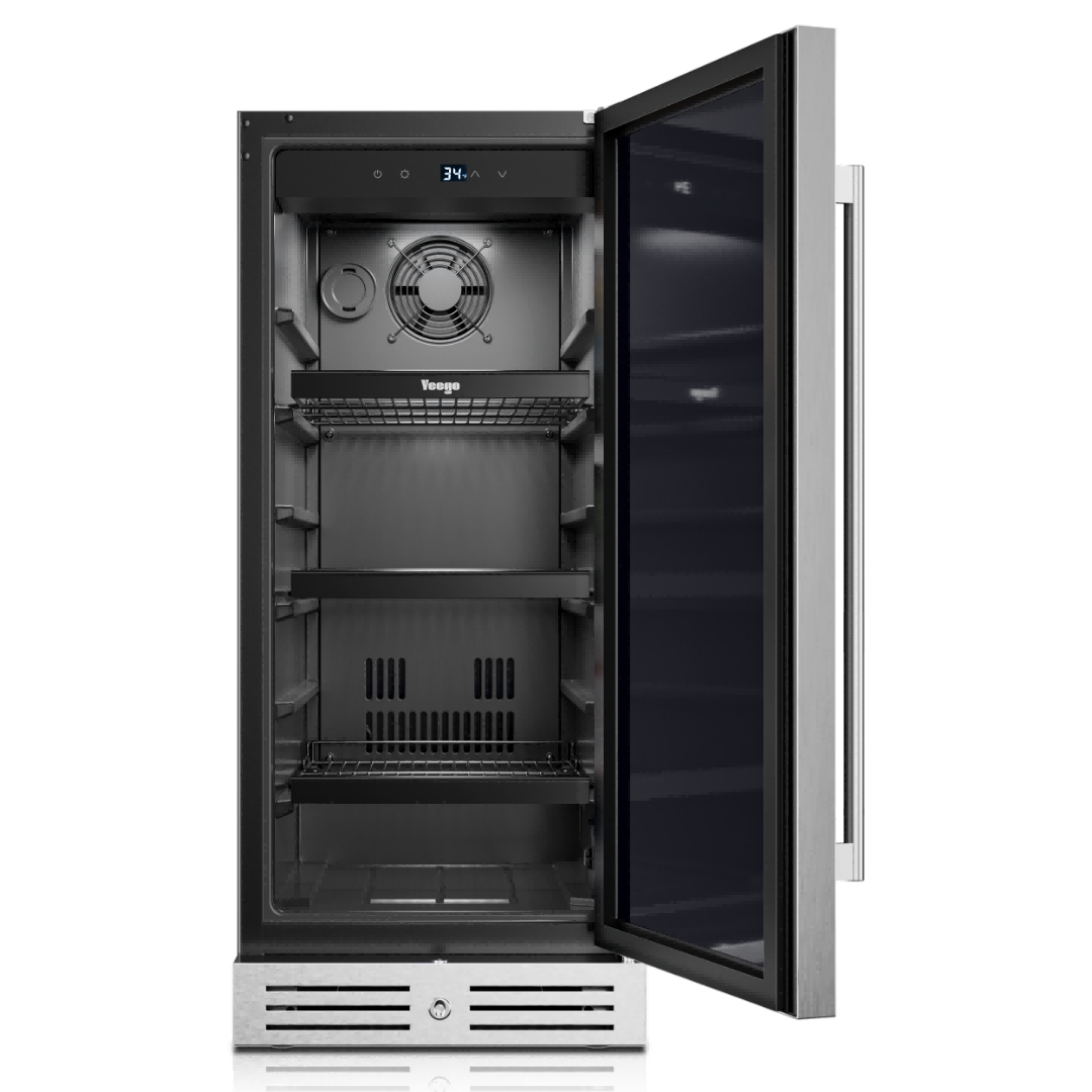 Small beverage cooler with a multi-shelf design providing flexible storage for various beverage sizes