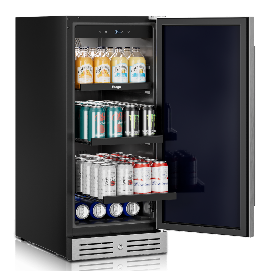 Small beverage cooler front right angle view showing stainless steel door and compact modern design