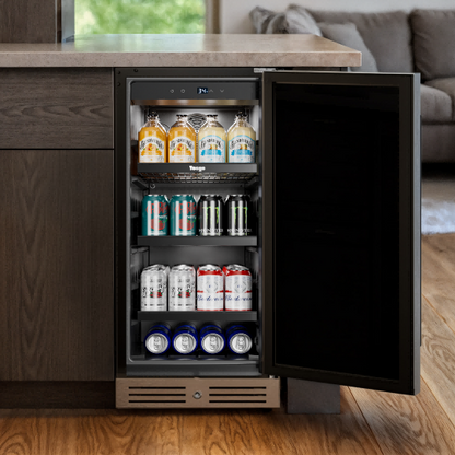 Yeego Small beverage cooler with blue LED lighting for clear interior visibility and stylish display