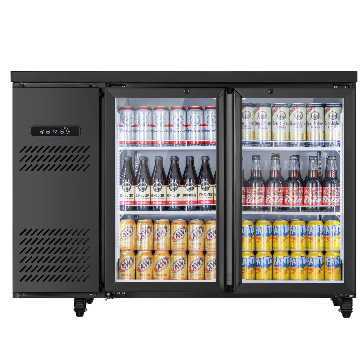 Three-door commercial beverage cooler stocked with canned drinks, bottled beverages, and soft drinks behind glass doors
