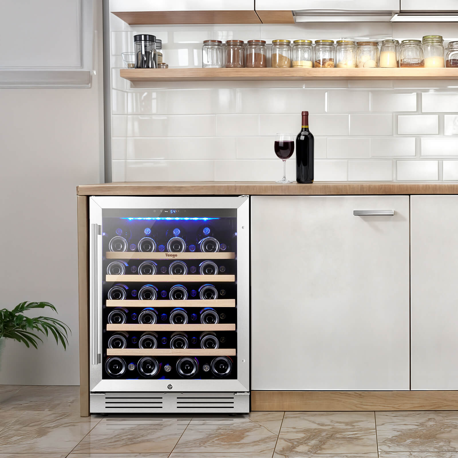 24 Inch Wide 52 Bottle Wine Fridge, Quiet Wine Cooler Under Counter or Freestanding