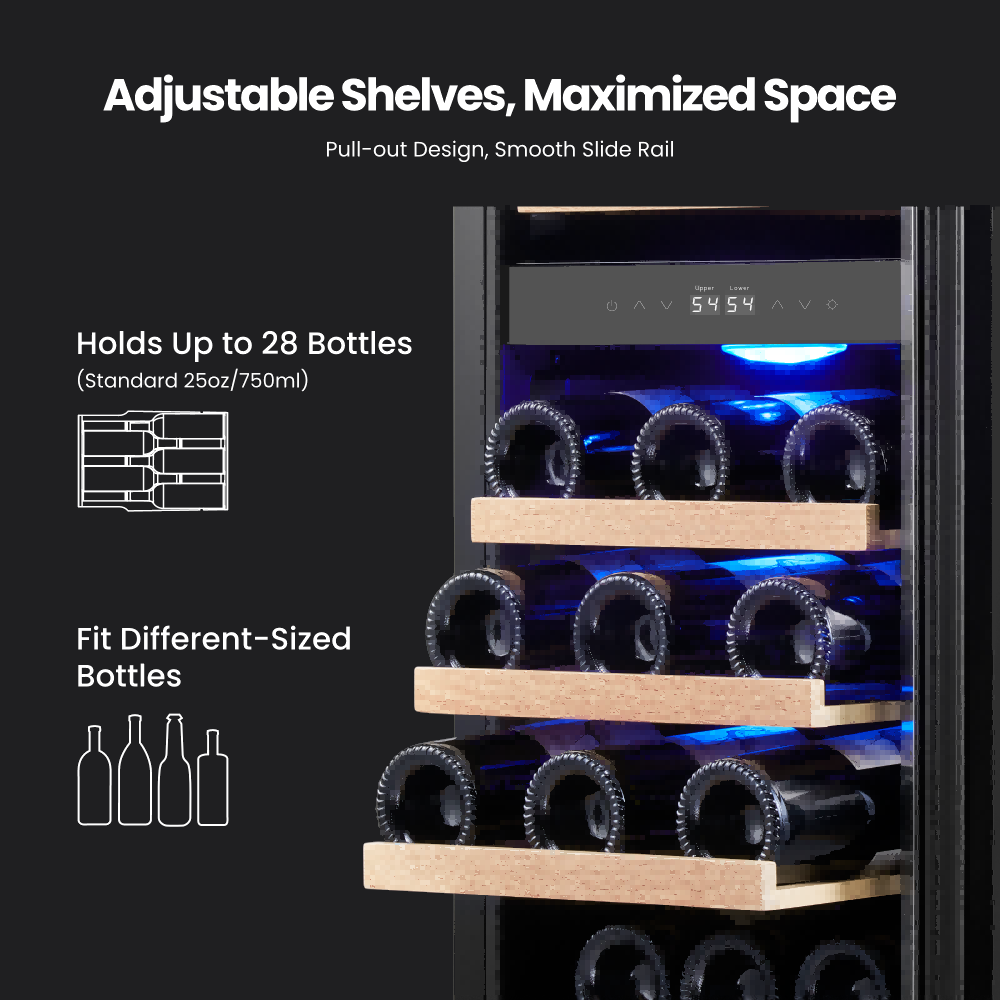 15 Inch Wide 28 Bottles Dual Zone Narrow Small Wine Fridge, Under Counter, Built-In or Freestanding - Yeego Life