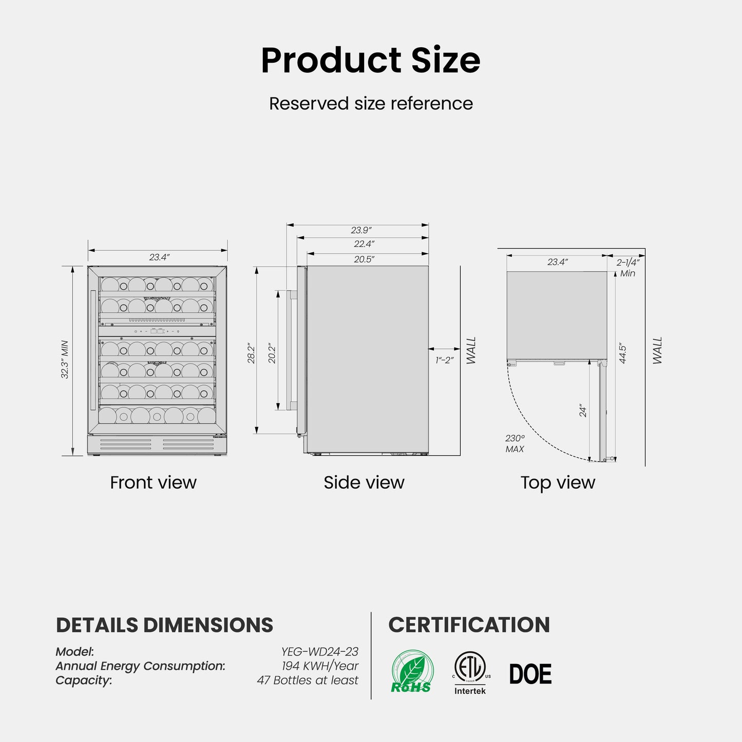24 Inch Wide 47 Bottles Dual Zone Wine Fridge, Built-In or Freestanding - Yeego Life