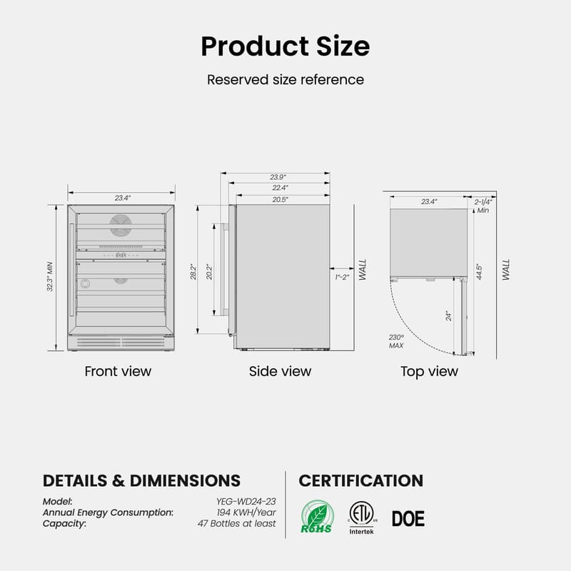 24 Inch Wide 47 Bottles Dual Zone Wine Fridge, Built-In or Freestanding - Yeego Life