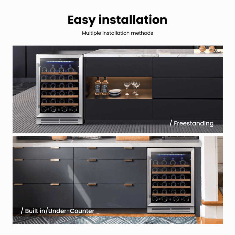 The yeego wine cooler is easy to install and can be freestanding or built-in.