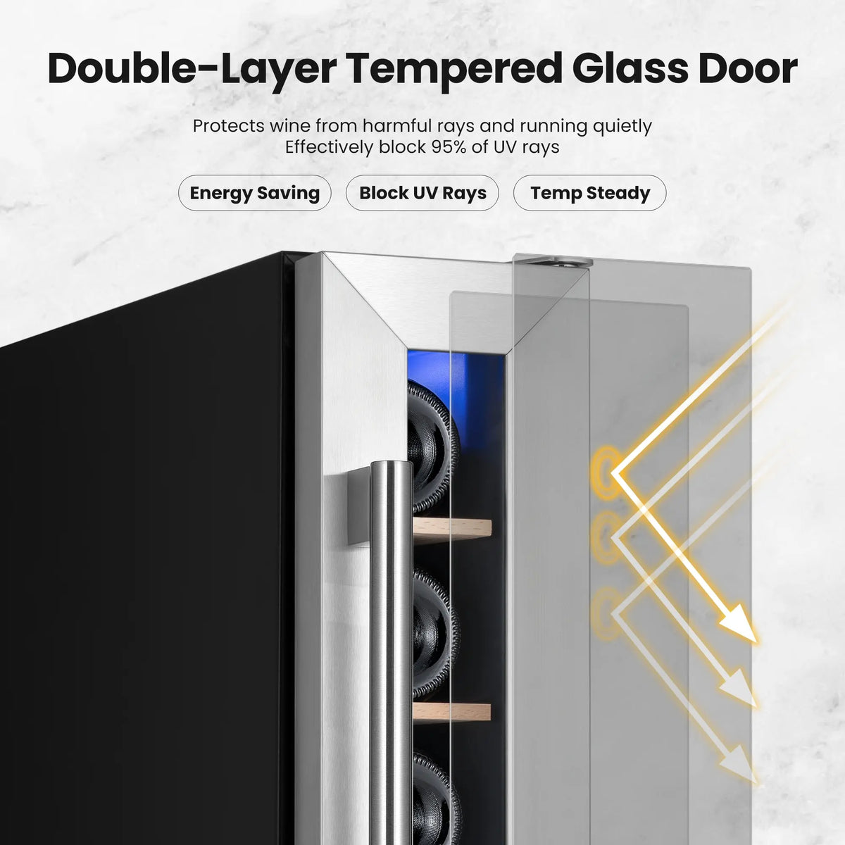 UV-resistant glass door of the Yeego 7-bottle wine fridge