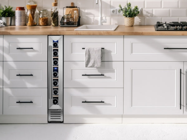 Yeego 7-bottle mini wine fridge built into a narrow space