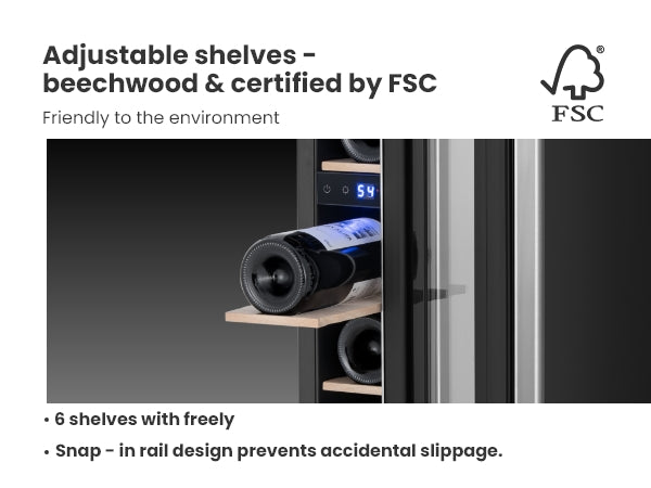 FSC-certified wooden shelves inside the Yeego 7-bottle wine fridge