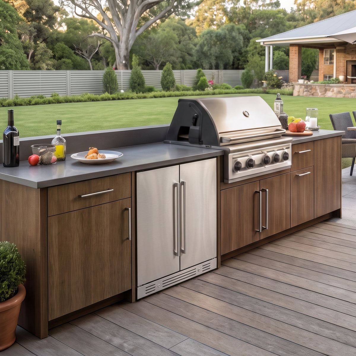 Yeego 24-inch outdoor wine and beverage fridge built into an outdoor kitchen beside a stainless steel grill