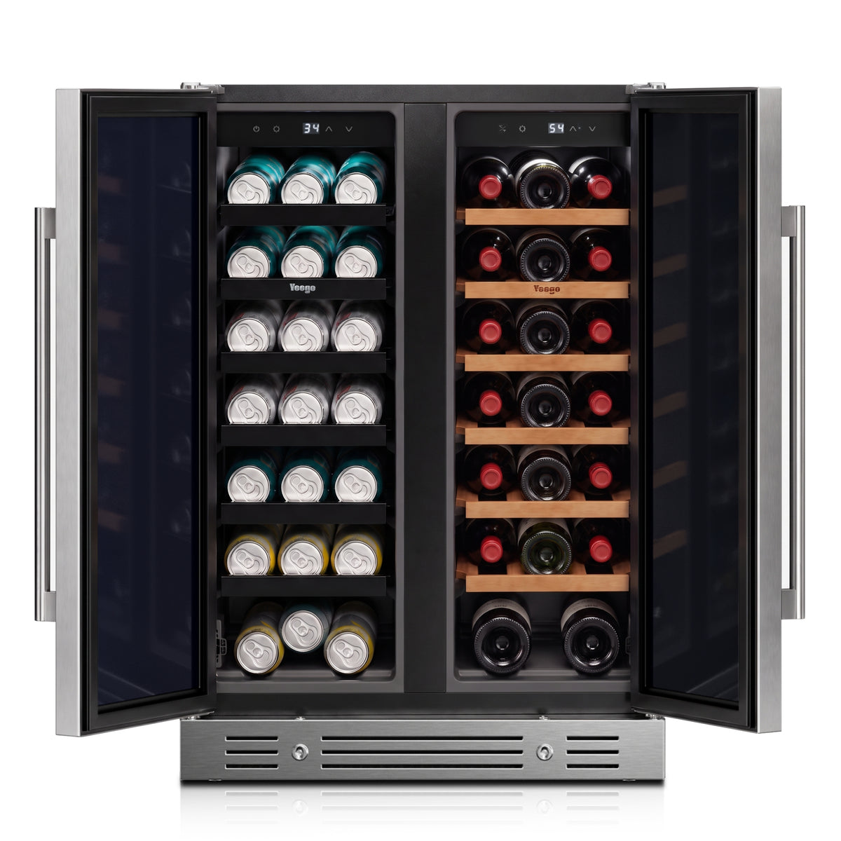Yeego 24-inch outdoor wine and beverage fridge with open doors showing beverage racks and wooden wine shelves